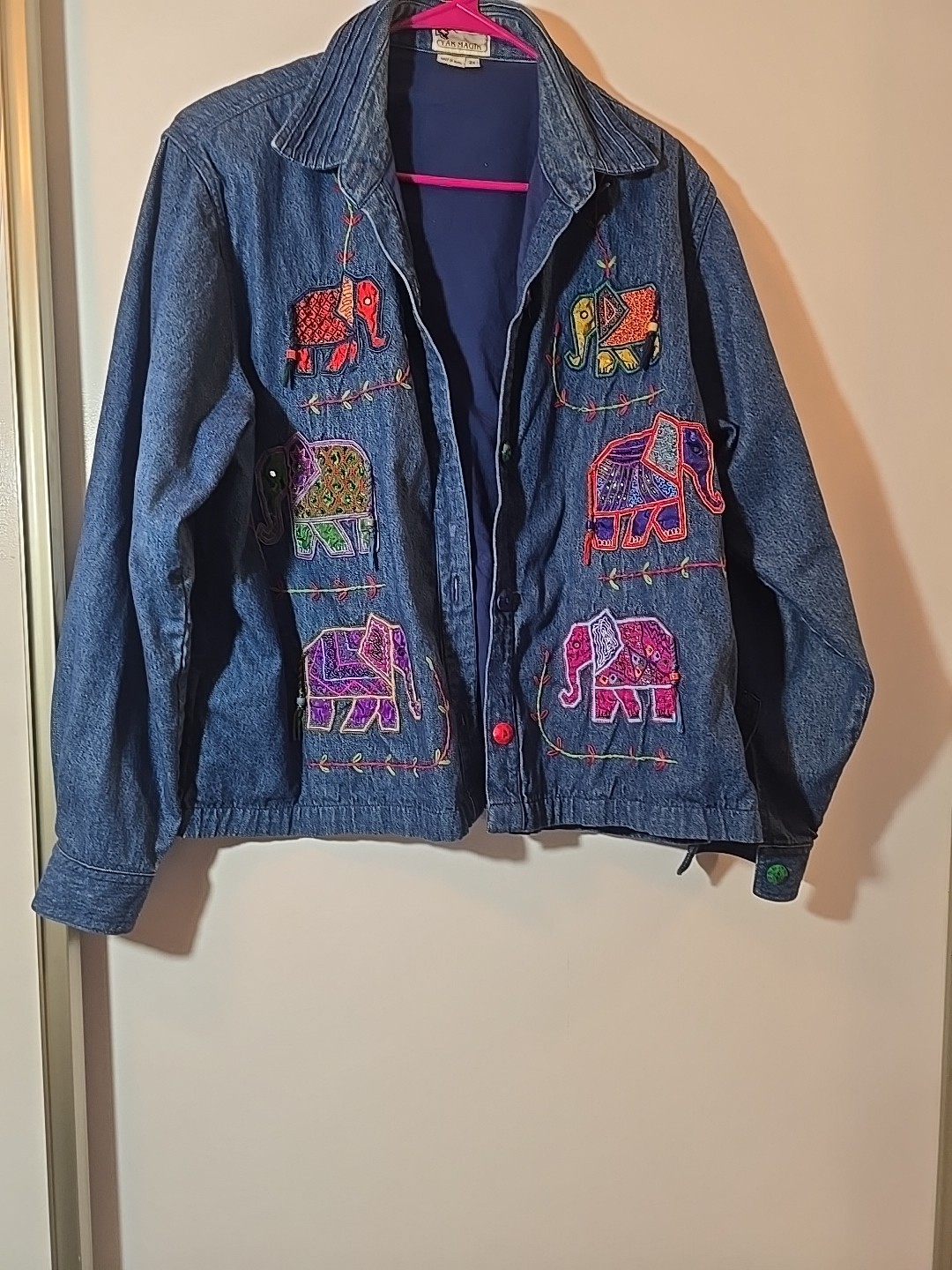Vintage Lightweight Yak Magik Denim Jacket With Beaded Fabric Elephants 2X Nepal