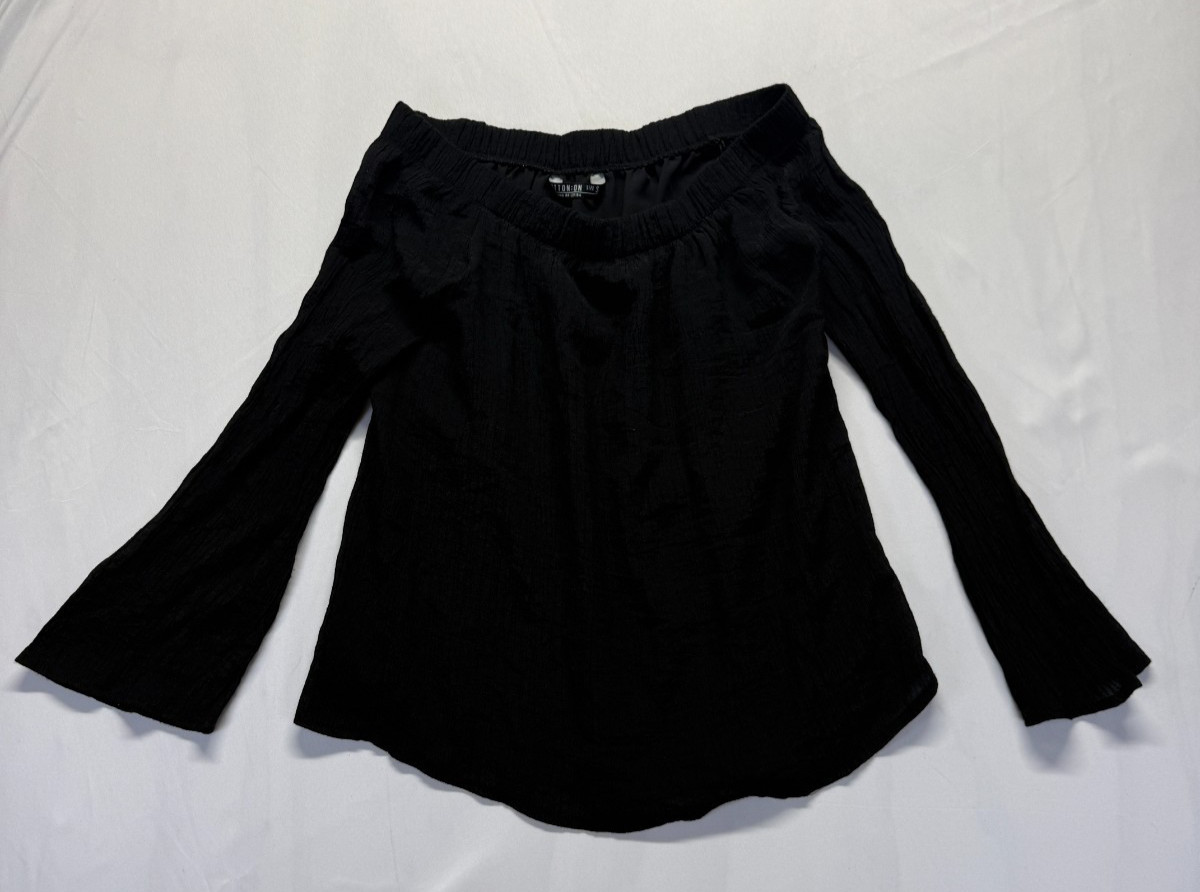Cotton On Blouse Top Womens Small Black Off The Shoulder Bell Sleeve Curved Hem