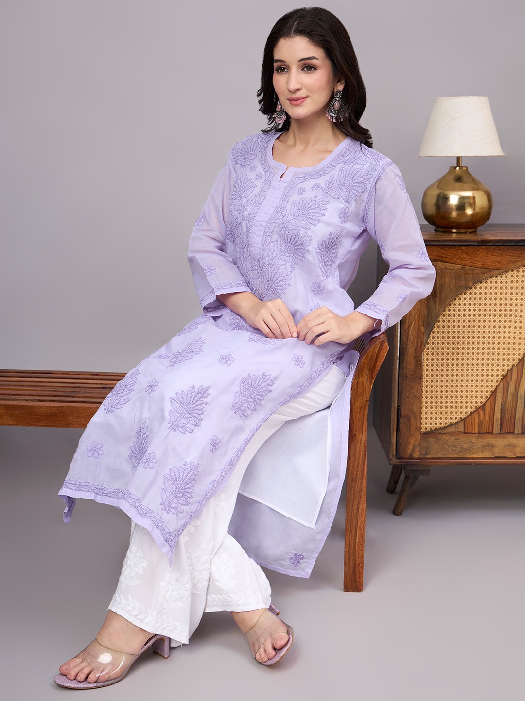Women’s Ethnic Cotton Chikankari Kurti with inner Lavender, Hand Embroidered