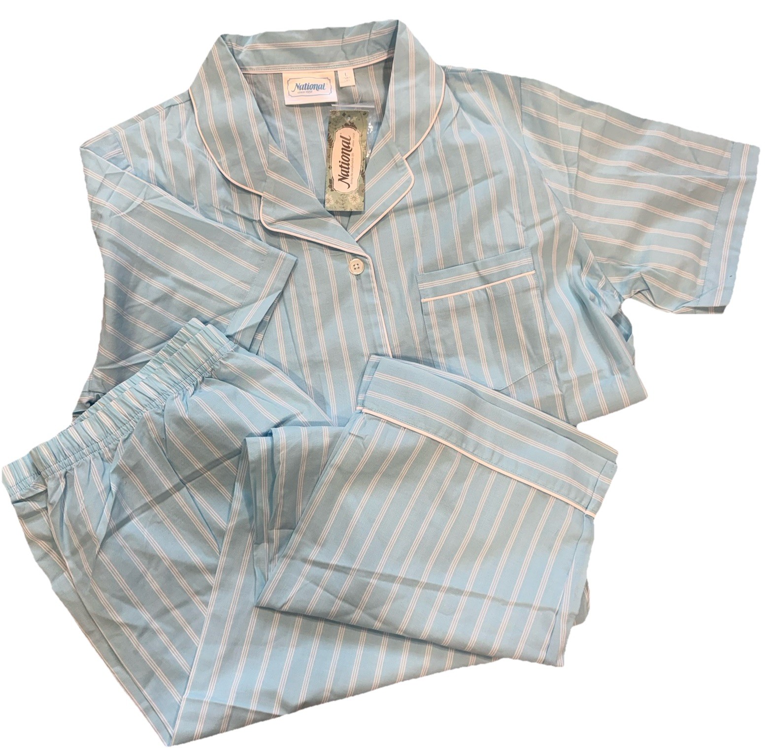 NWT National 2 Piece Pajama Set Womens L Blue Striped Lounge Relax House Patio