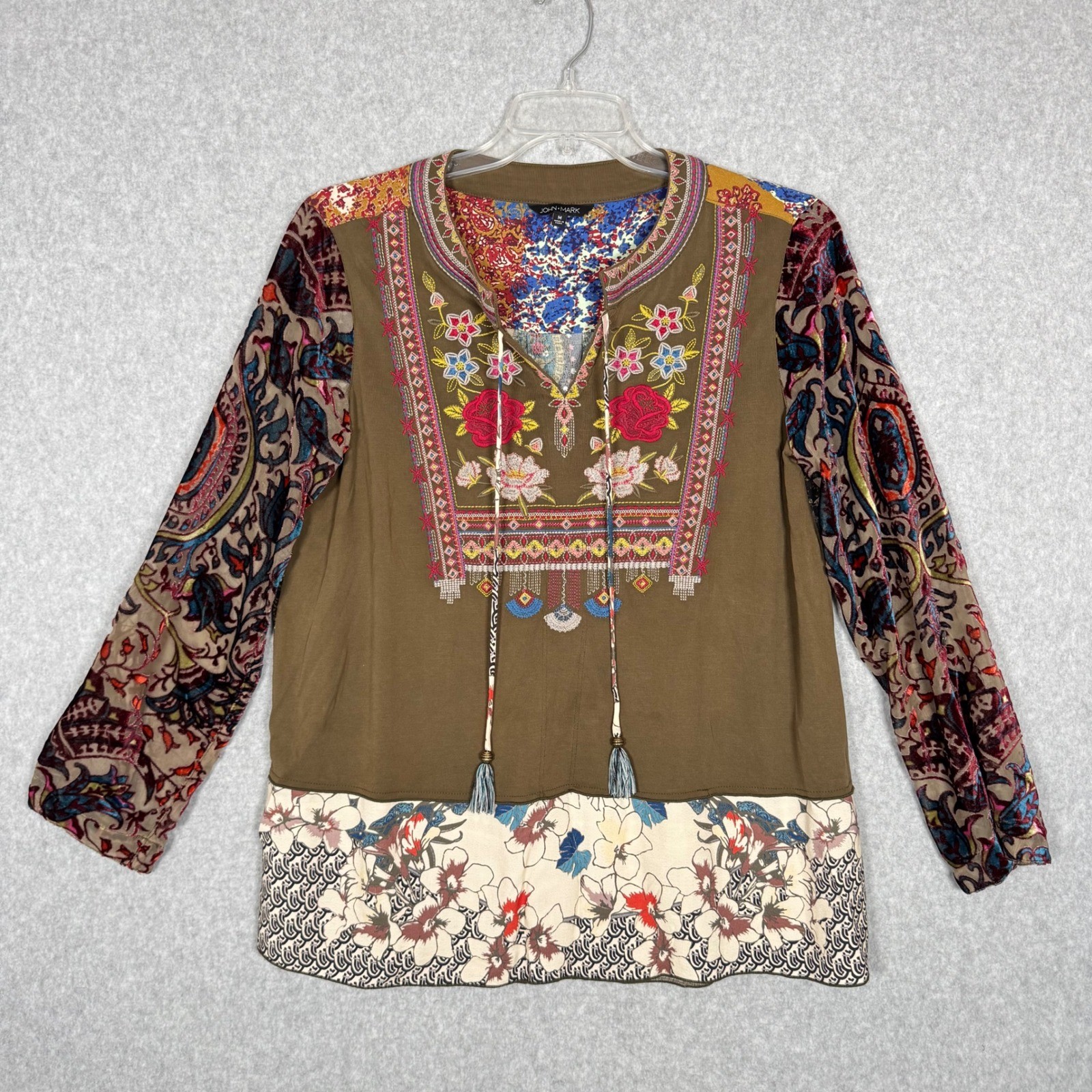 John Mark Mixed Print Embroidered Tunic Patchwork Boho Velvet Roll Tab Womens M