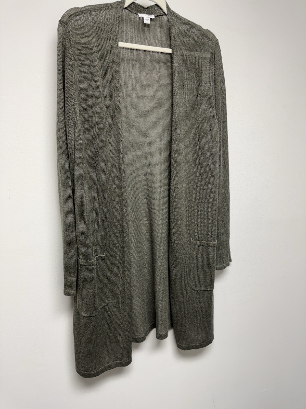 J. Jill Open Front LINEN Lightweight Knit Cardigan SweaterPockets Gray L NWOT