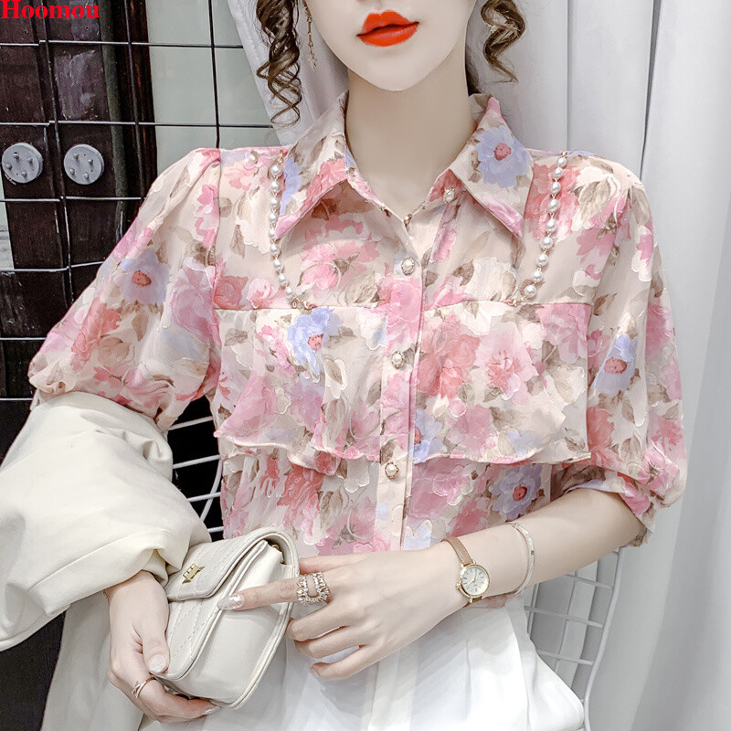Korean Women Floral Chiffon Beaded Ruffle Summer Boho Tunic Shirts Tops Blouse