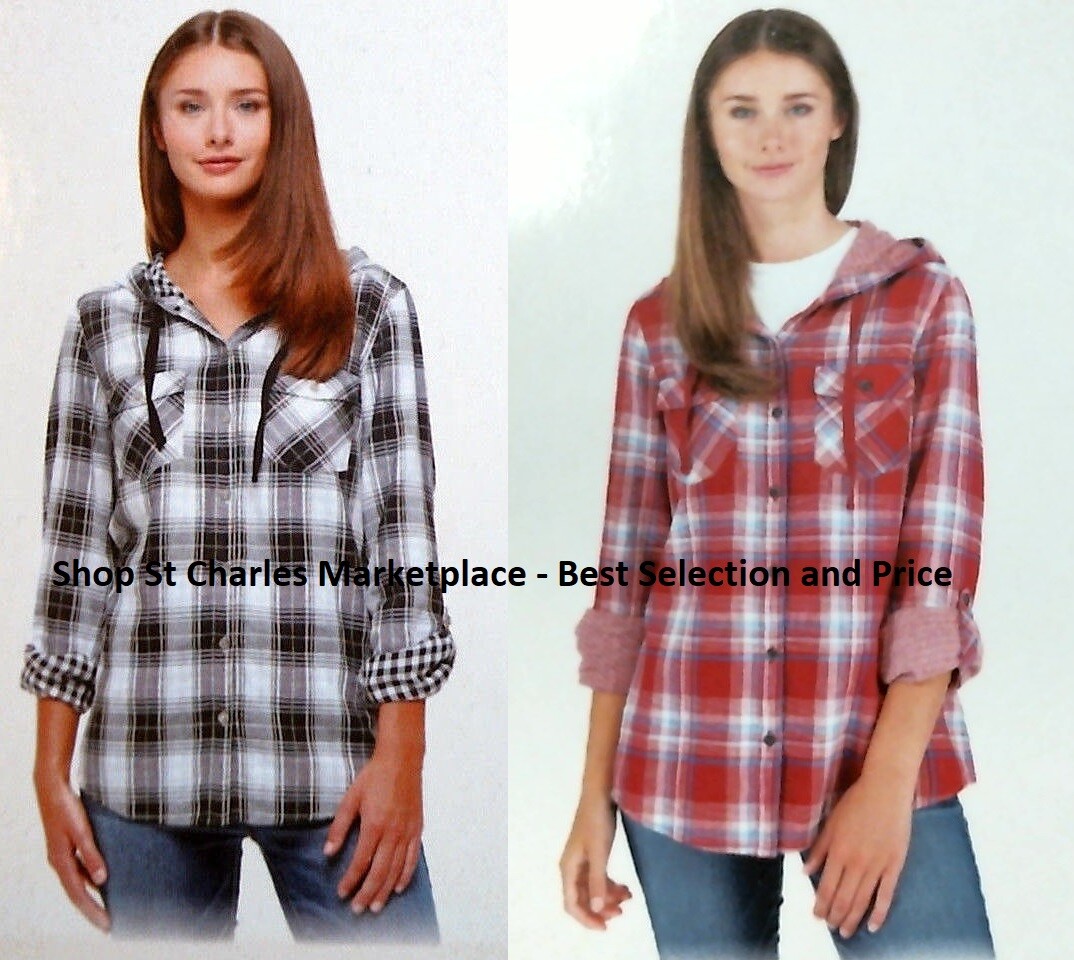 Boston Traders Womens Lightweight Hooded Flannel Shirt Double Face, Black or Red