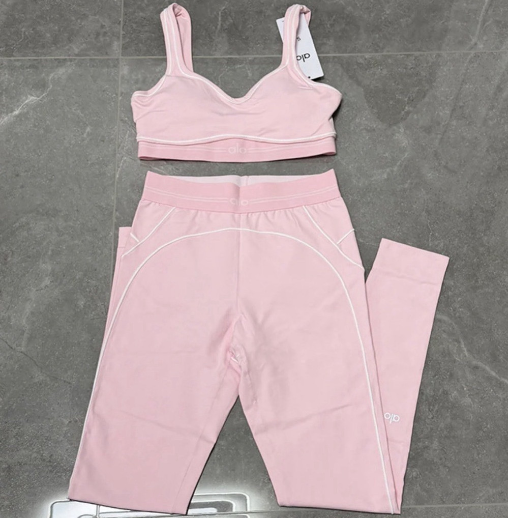 Alo Pink 2-Piece Sports Bra & Pants Set S V-Neck Stretch Elastic Waist