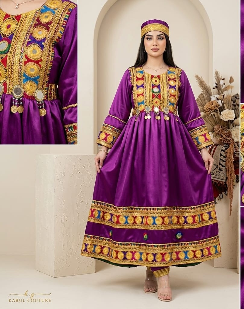 Afghan Traditional Women’s Dress • Silk Frock & Shalwar • Tilla Embroidery