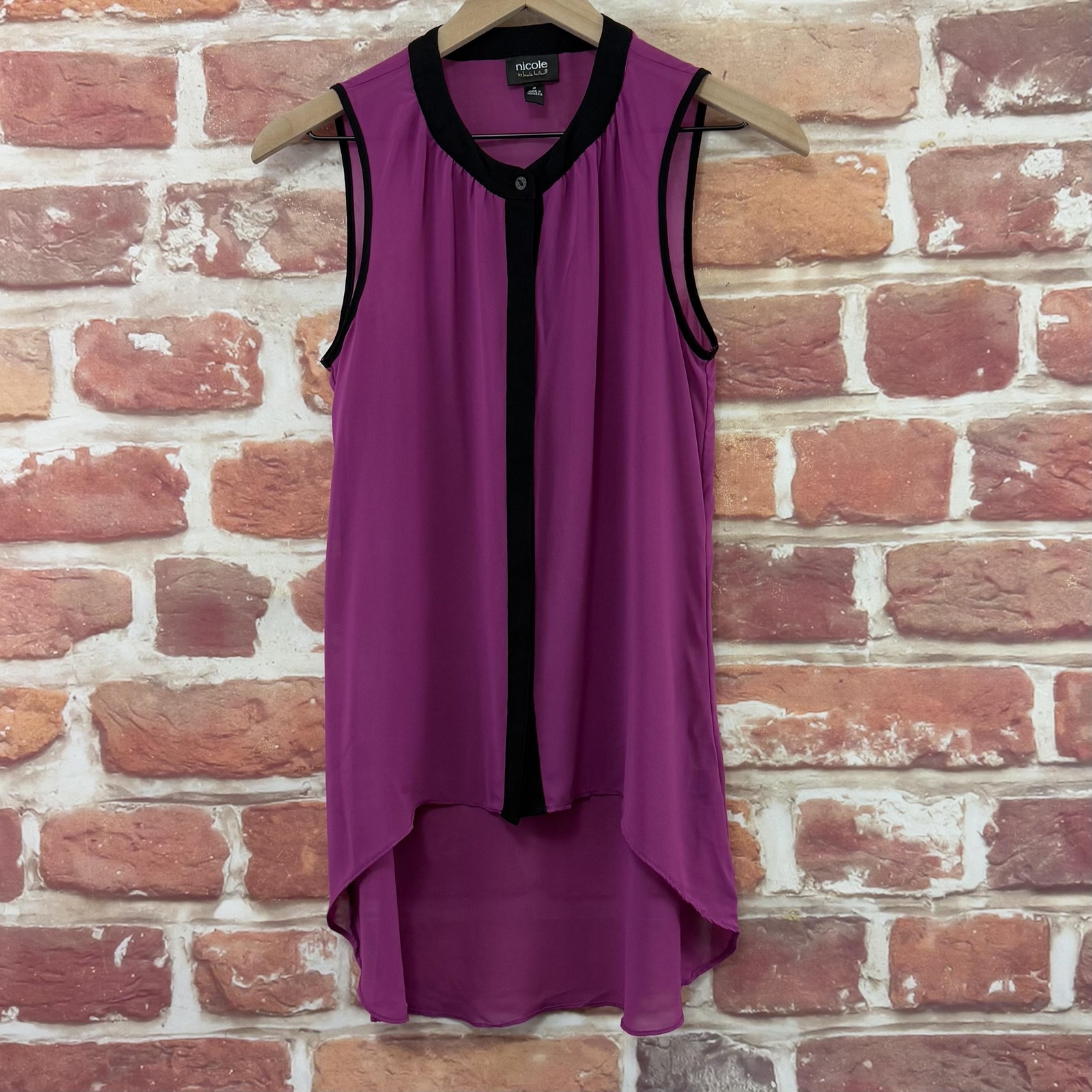 Nicole Miller Top Womens Small Purple Pink Black High Low Sleeveless Sheer Shirt