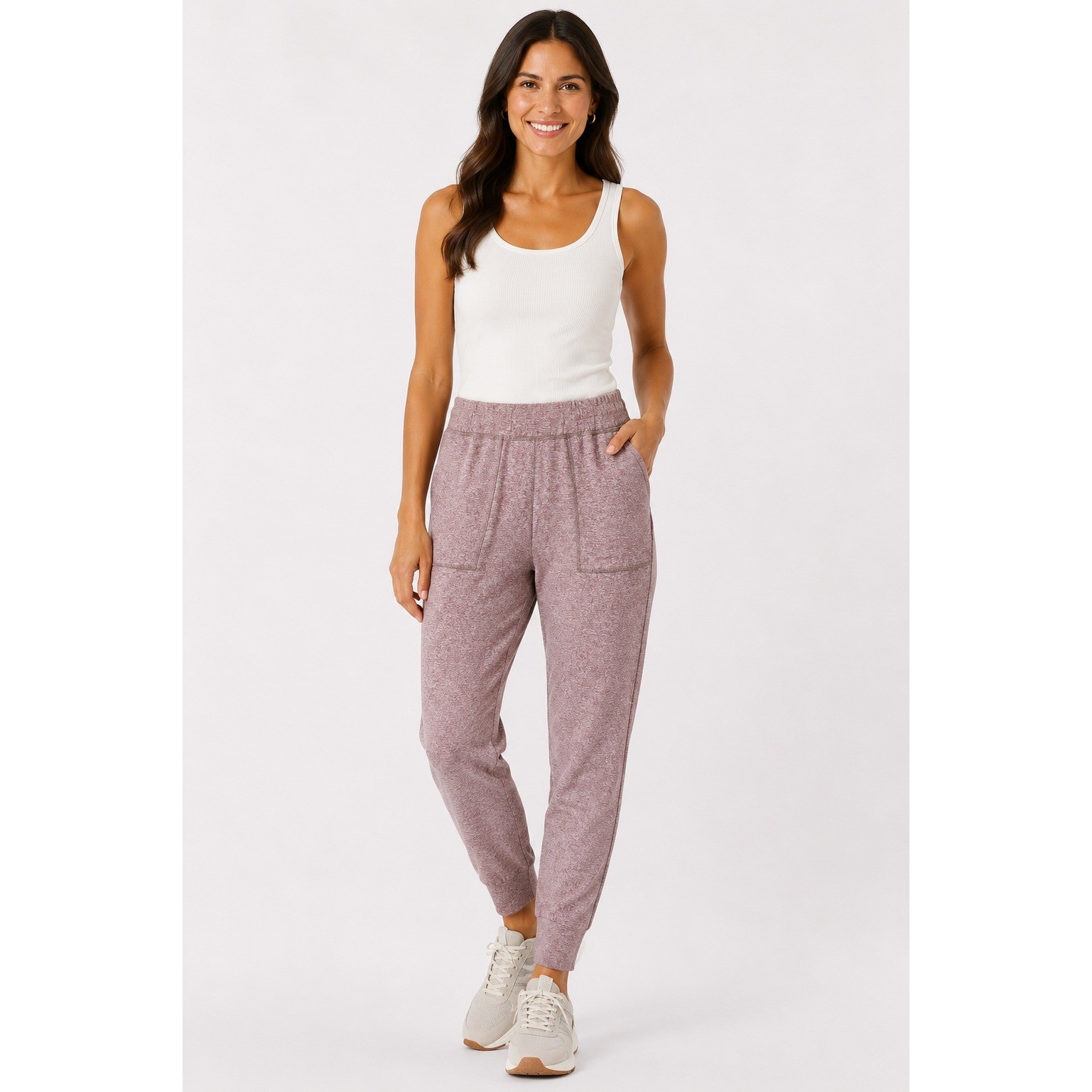 Zobha Womens Heathered Mauve High Waisted Jogger Pants Pockets Purple Size L