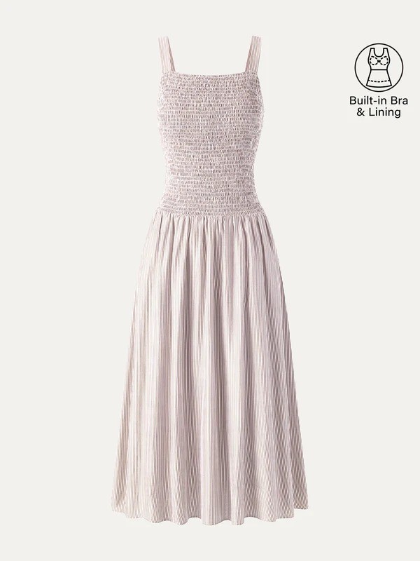OGL Striped Poplin Square Neck Smocked Midi Bra Dress – New – Free SHIPPING!!!