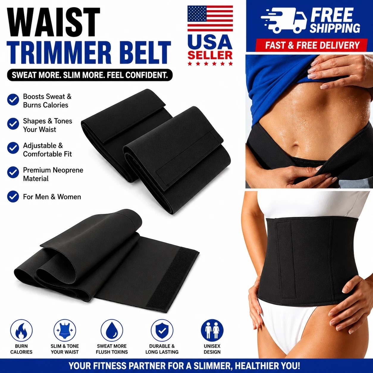 Waist Trimmer Belt Sweat Band Wrap Ab Stomach Weight Loss Fat Burner Slimming US