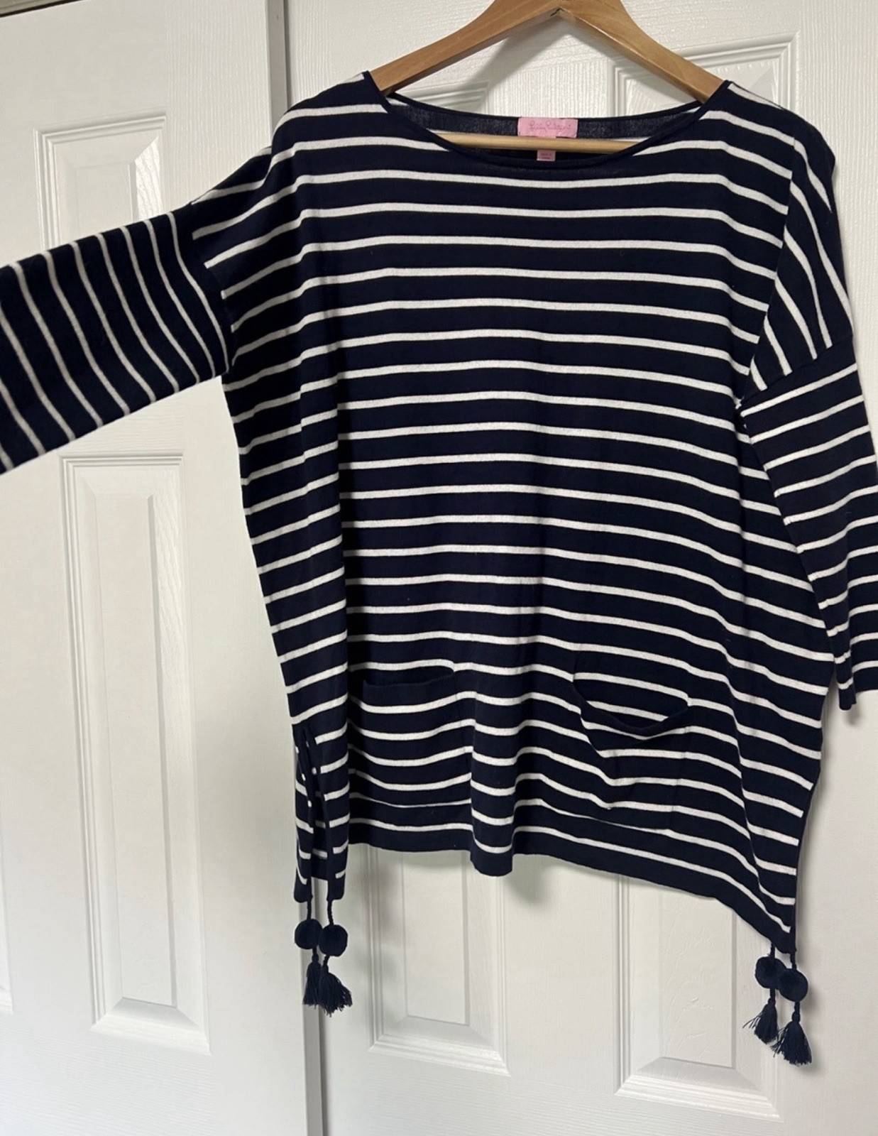 Lilly Pulitzer Elba Sweater Tunic Small Navy White Stripe Poncho CoolMax Knit