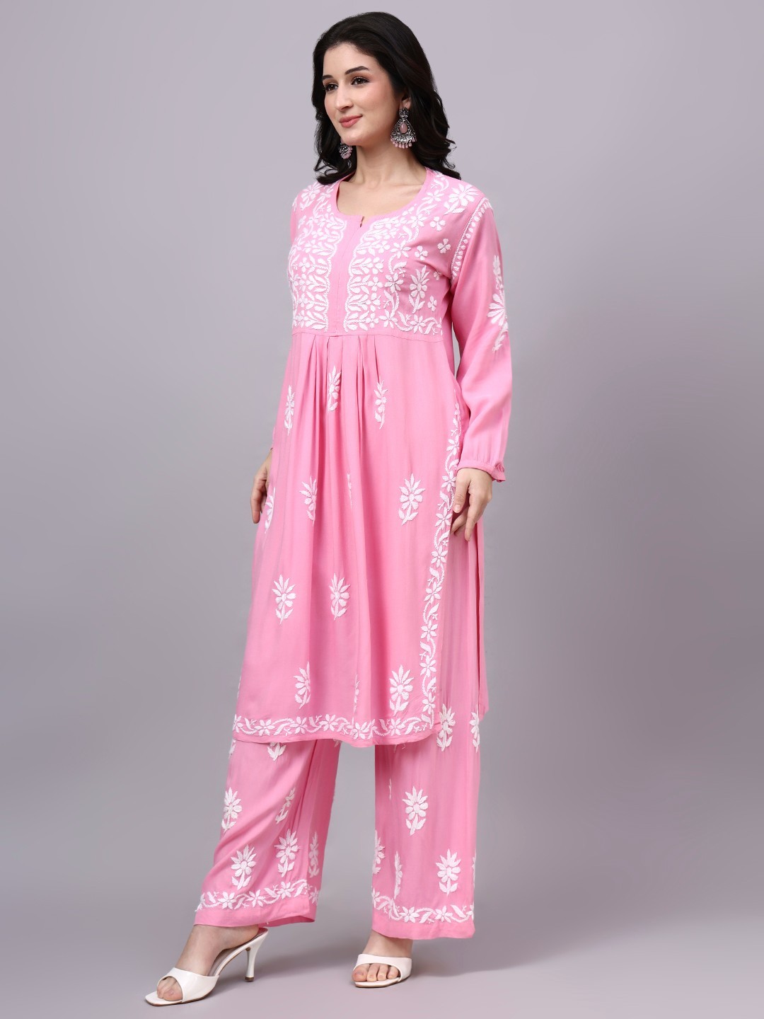 Women’s Rayon Chikankari Kurta Palazzo Set Pink, Hand Embroidered, Ethnic Kurta