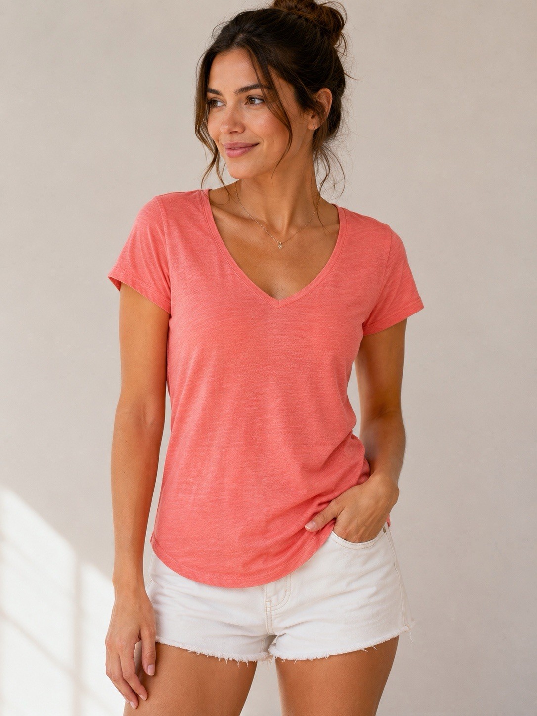 L.L.Bean Women’s Slub Knit V-Neck T-Shirt – Coral Pink – Size Medium