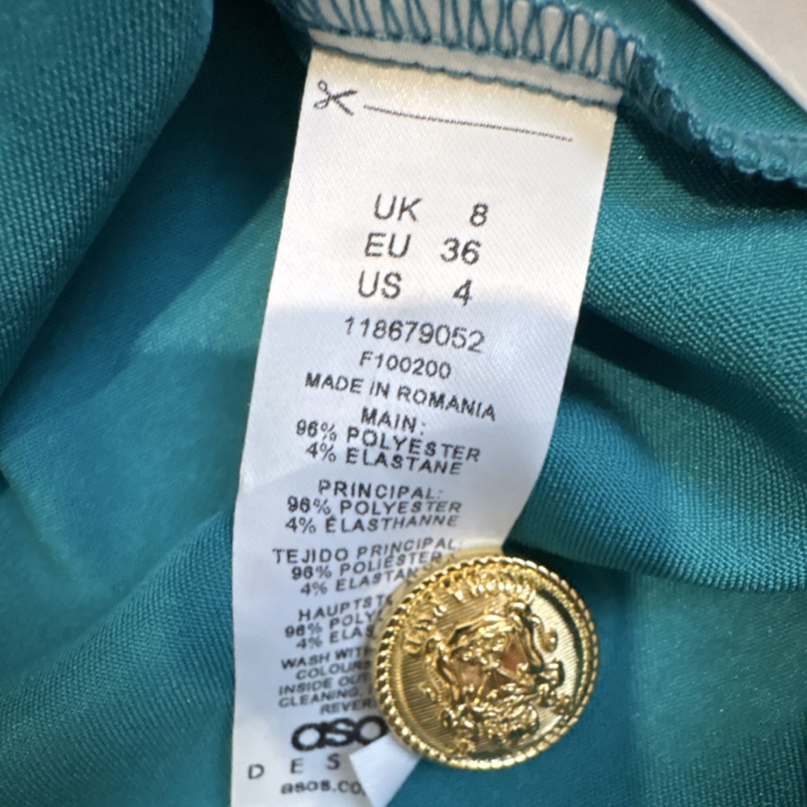 ASOS DESIGN Teal Satin Sailor Skort Shorts Gold Button Stretch Zip US 4