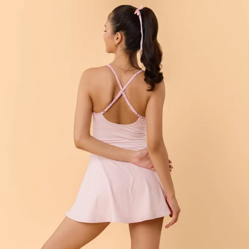 Blogilates Women’s Tie Front Twirl Dress – Pink Gingham XS NWT