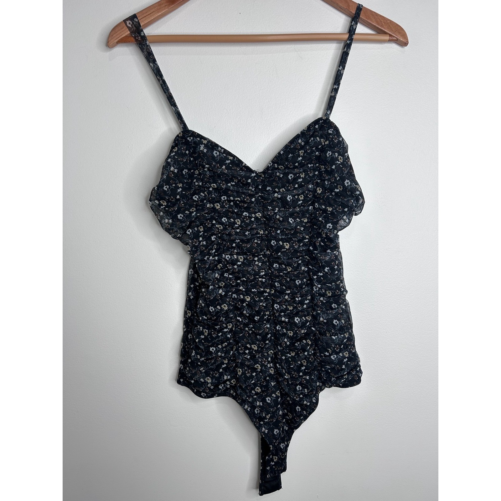 Le Lis Black Floral Ruched Mesh Bodysuit Sz M Feminine Whimsigoth Boho Romantic
