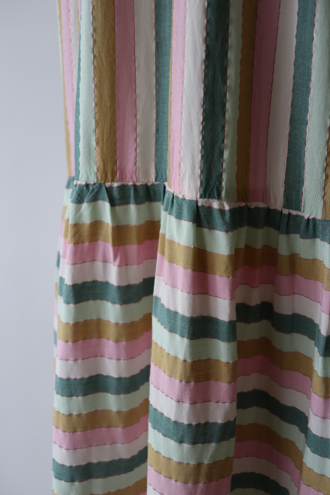 Self Contrast Pastel Metallic Stripe Bohemian Prairie Peasant Maxi Dress Women L
