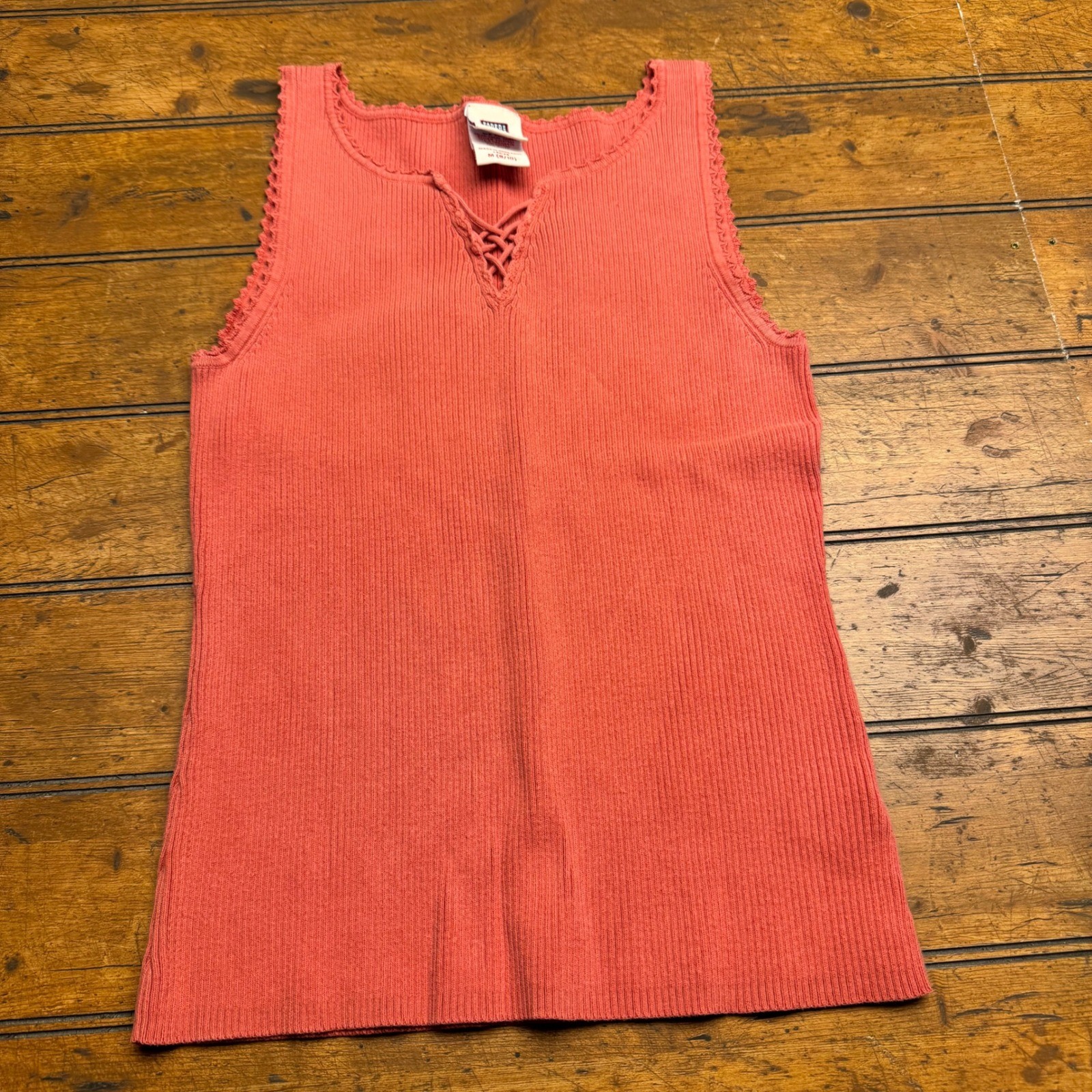 Faded Glory Coral Amber Ribbed Lace Up V Neck Tank Top Ladies M 8 10