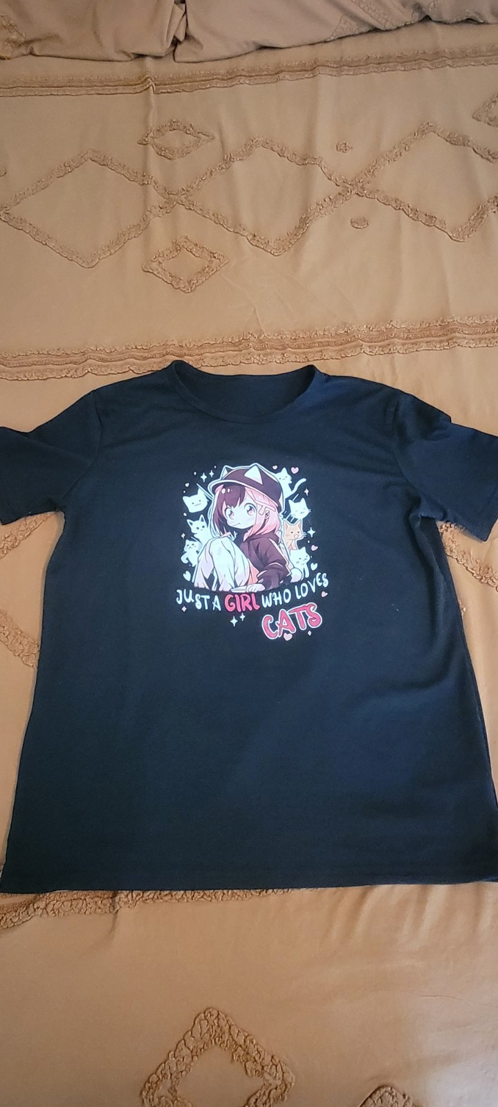Teens M Black Polyester Crew Neck Short Sleeve Anime Cats Graphic T-Shirt