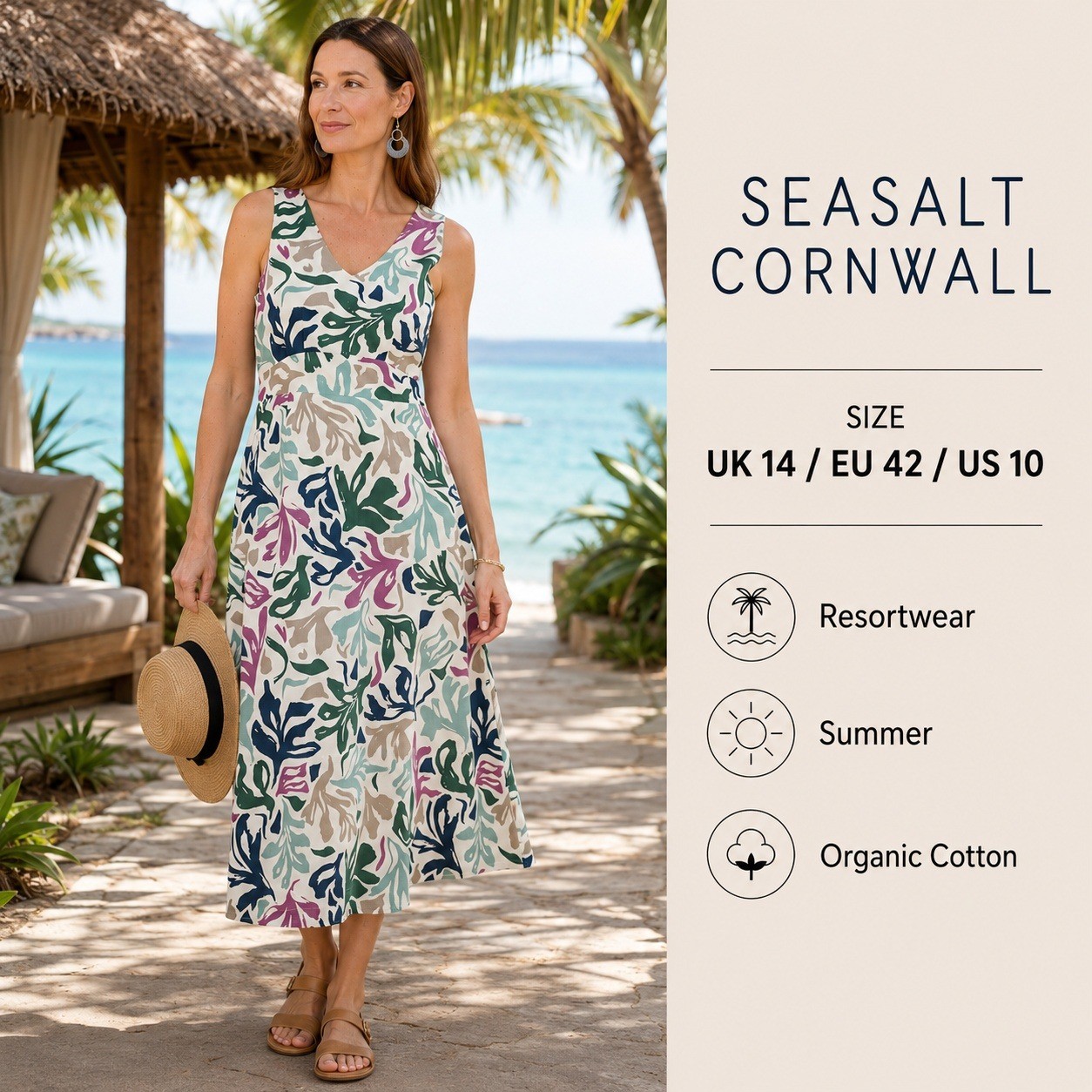 Seasalt Cornwall Dress Womens 10 White Multi Organic Cotton Midi V-Neck Coastal