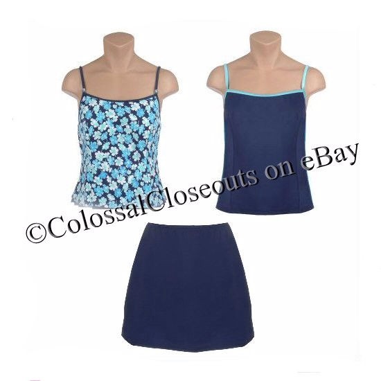 IT FIGURES Hip Hider 3 Piece Skirtini Swimsuit FLORAL & COLOR BLOCK 3pc BLUE 16
