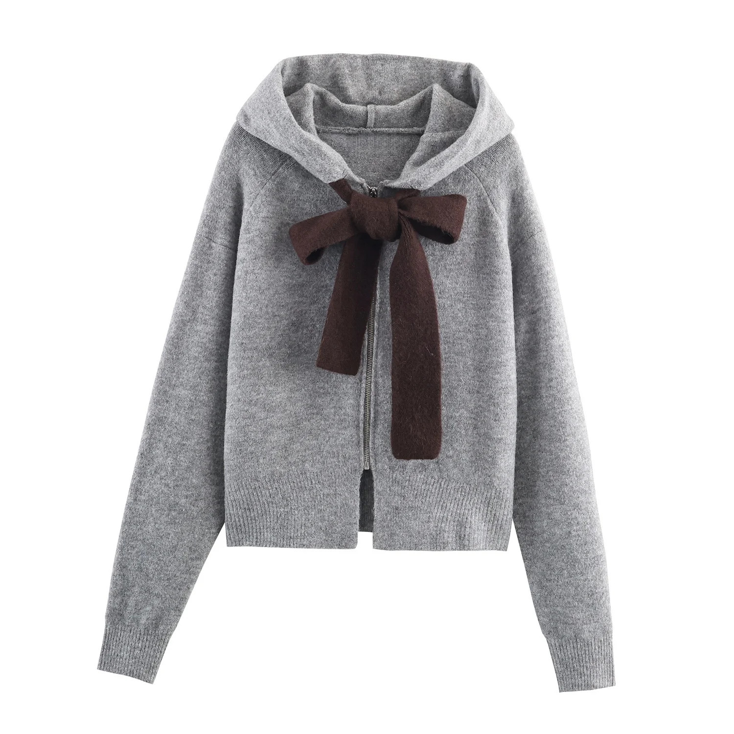 new women’s casual simple hooded knitted cardigan with bow decoration
