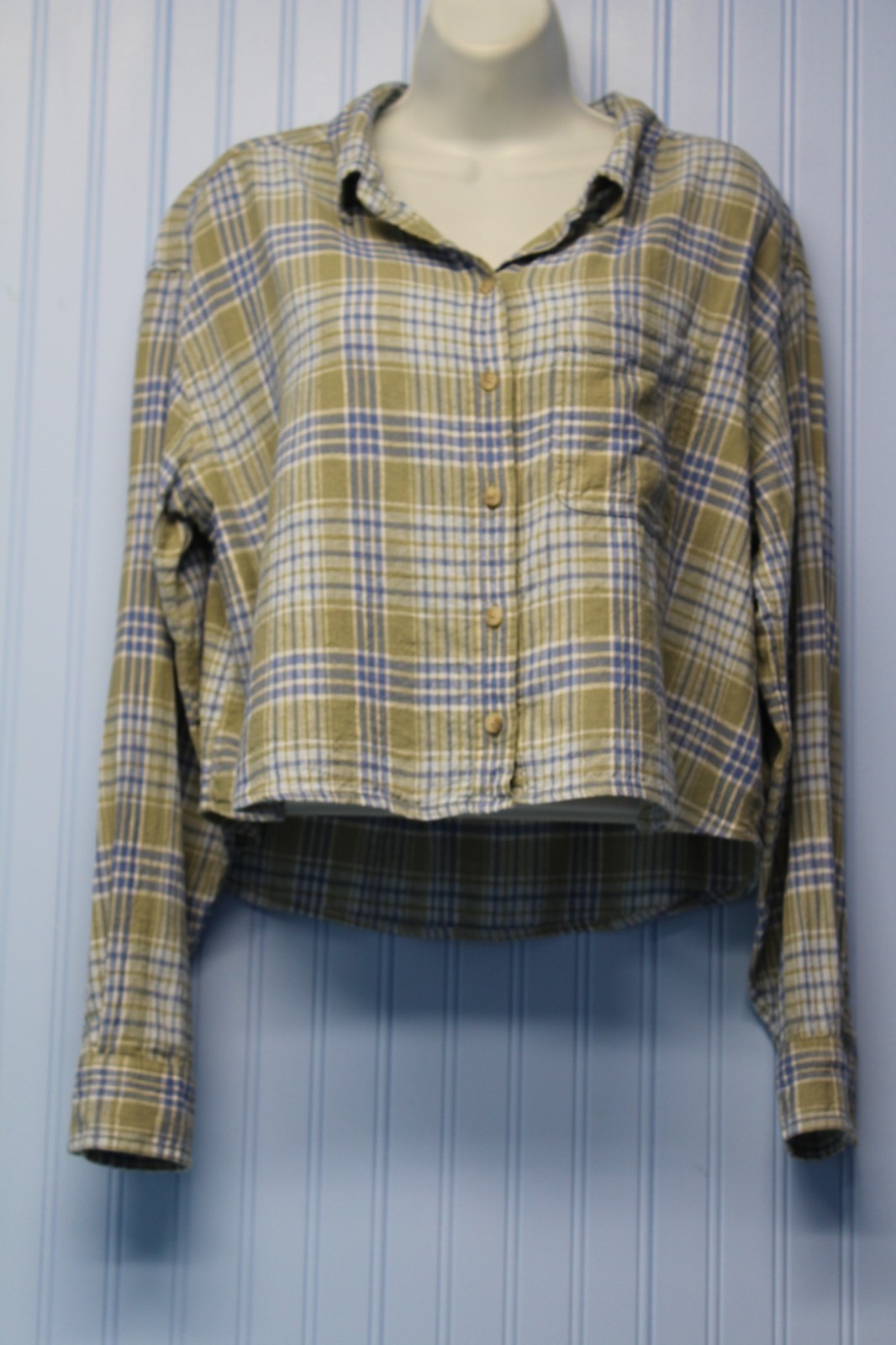 American Eagle linen blend cropped green & blue plaid l/s button front shirt M