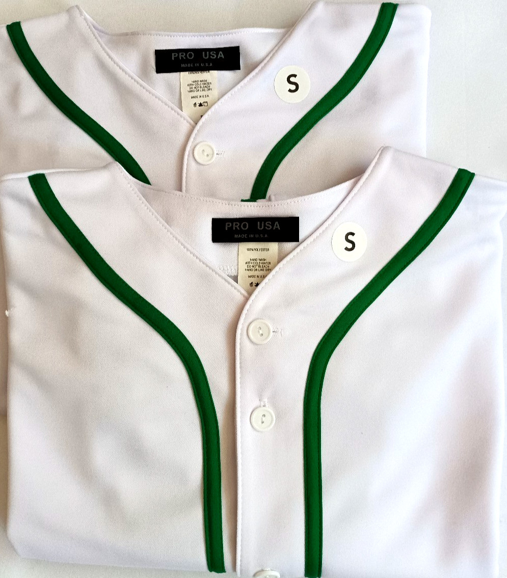 2 Baseball jerseys FOR MEN/WOMEN, NEW, White/green , size SMALL, made in USA