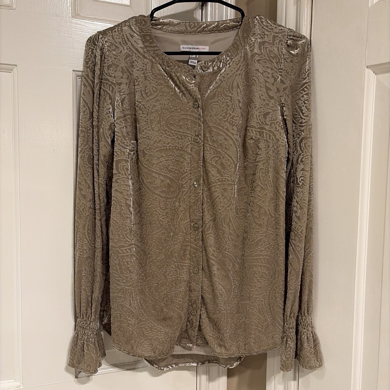 Isaac Mizrahi Live! Burnout Velvet Button Front Top w/ High Low Hem Size 0