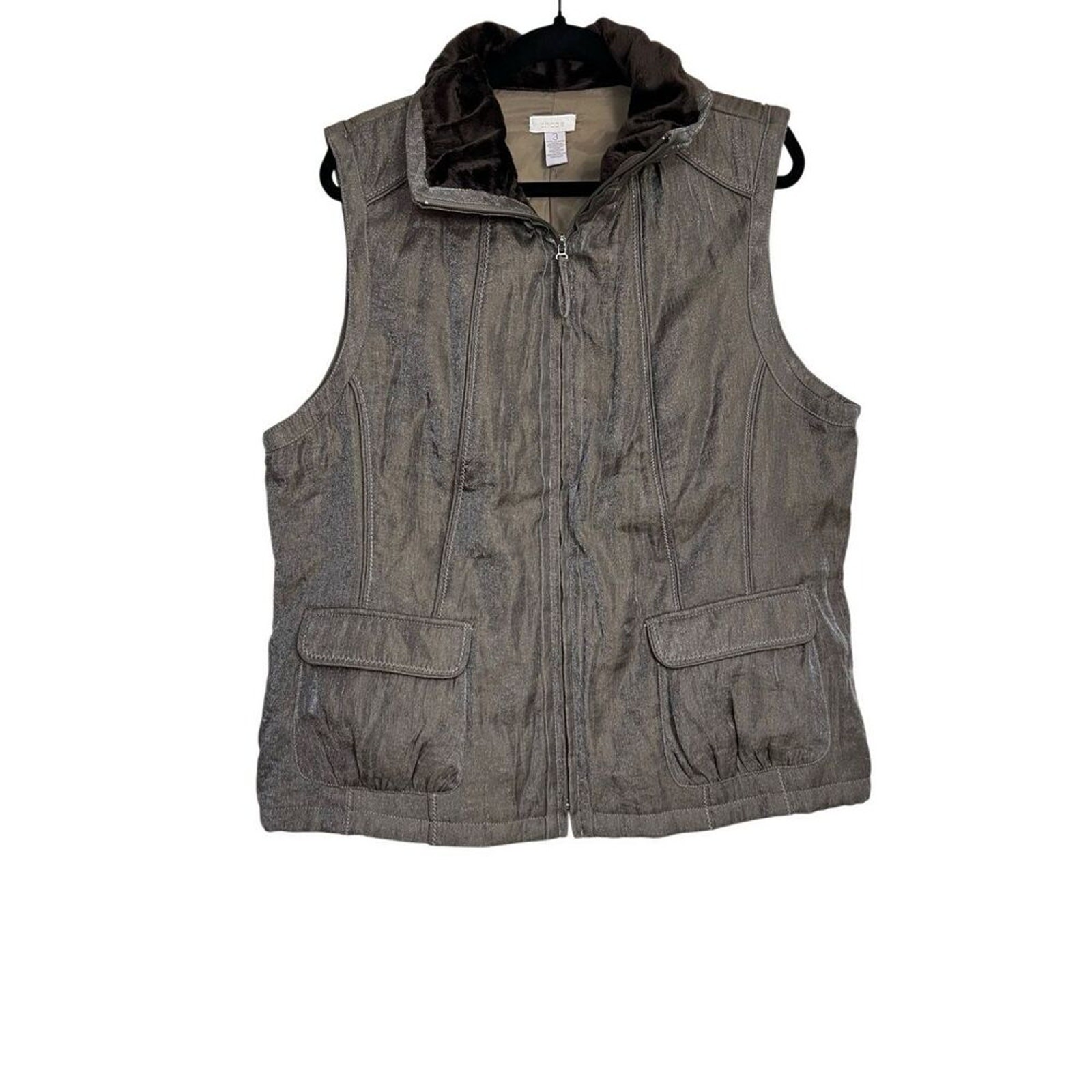 Chico’s Jacket Womens 3 XL Bronze Vest Valisa Shimmer Faux Fur Collar Zip NWT