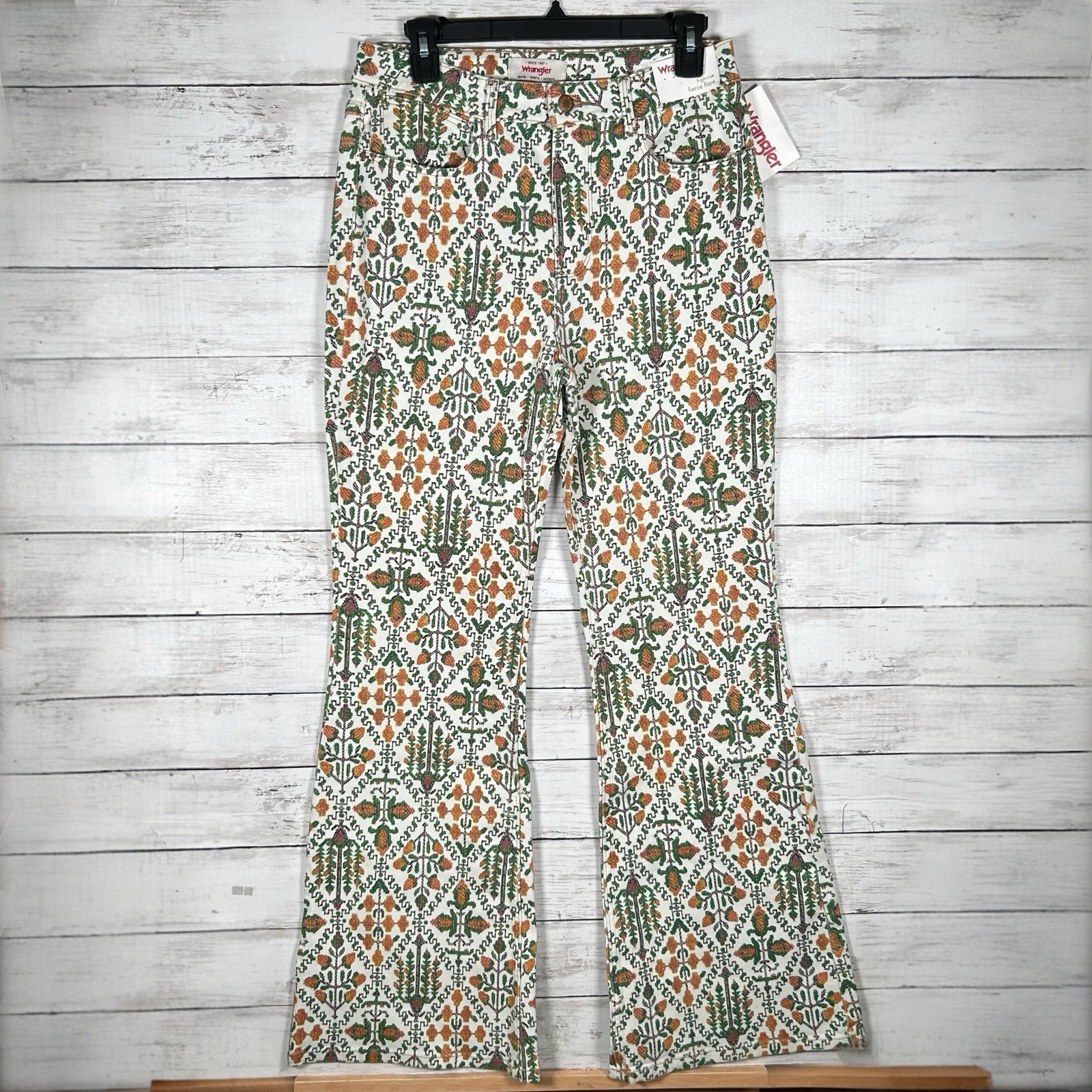 Wrangler High Rise Fierce Flare Jeans Floral Cross Stitch Print 8/ 29×32 NWT