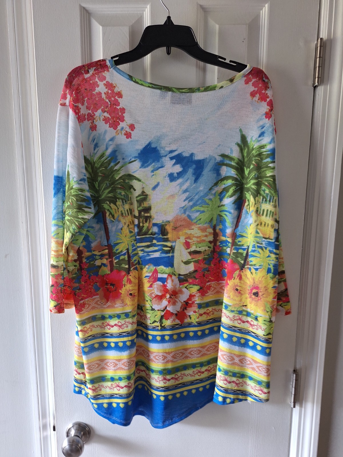Onque Casual Women’s 2X Tunic Tropical Floral V-Neck 3/4 Rhinestone