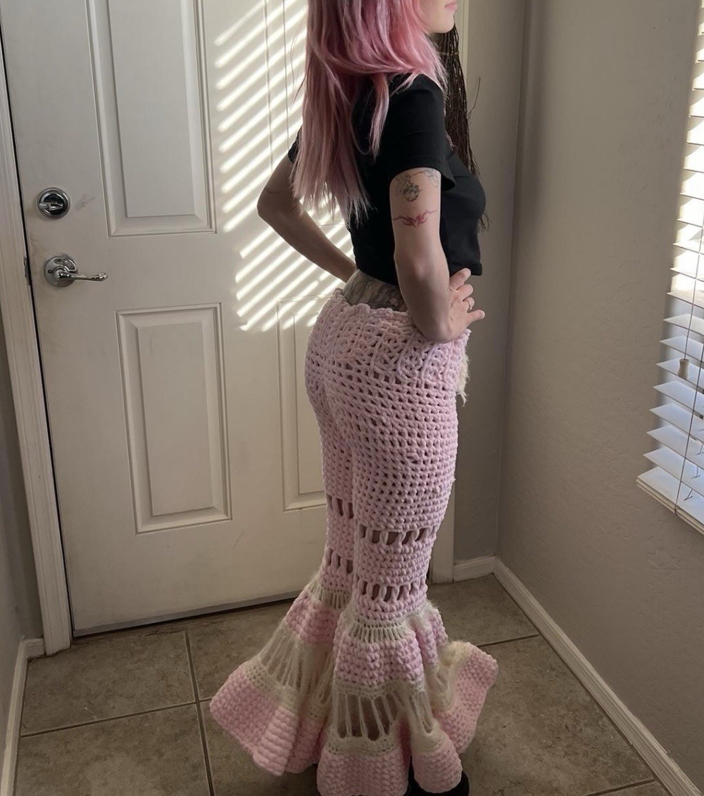 Pink & Cream Crochet Flared Bell Bottom Pants