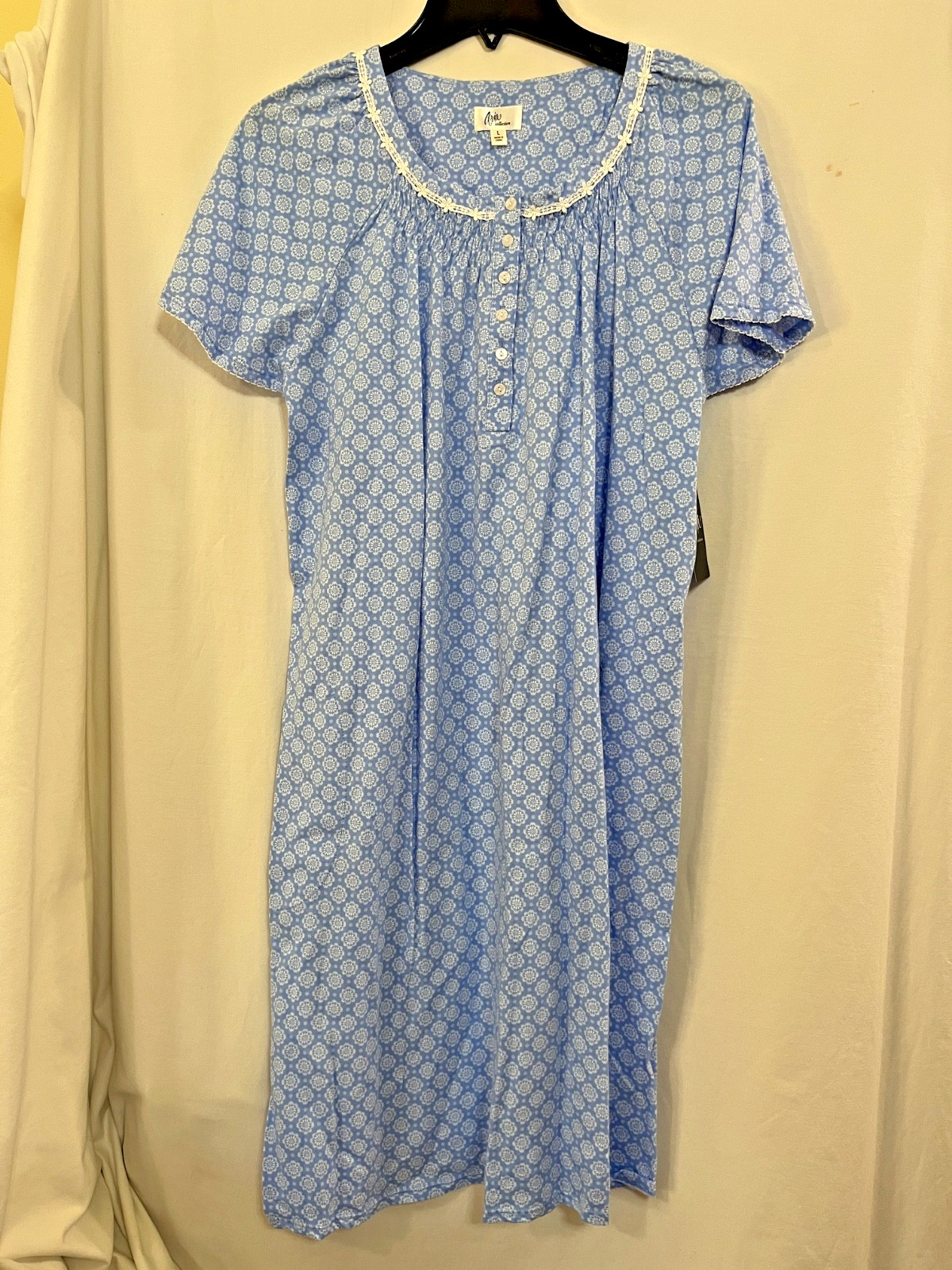 Aria 100% Cotton Women’s Short Sleeve Scoop Neck Nightgown Pockets Blue UPic NEW