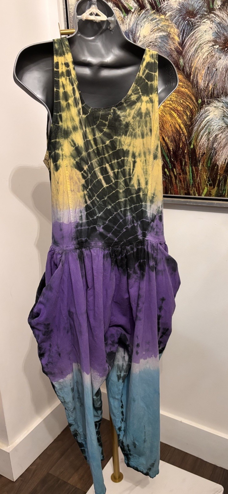 Vintage 90s A Fine Line Jumpsuit Made in Pakistan Boho Tie Dye Harem Romper M