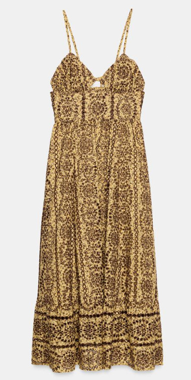 ZARA CUT-OUT EMBROIDERED EYELET MIDI BROWN DRESS sz M Retail price $109