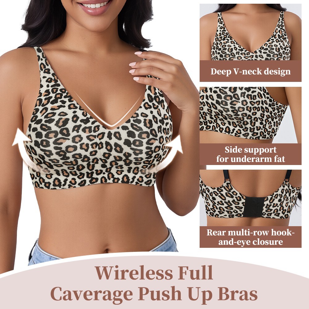 Women Leopard Print Wireless Deep V Push Up Full Coverage Comfort Bra