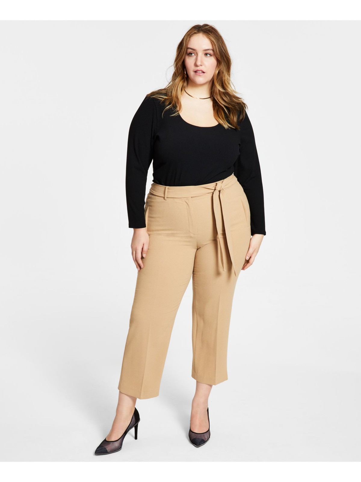 BAR III Womens High Waist Pants Beige Belted Hook And Bar Closure Plus 24W