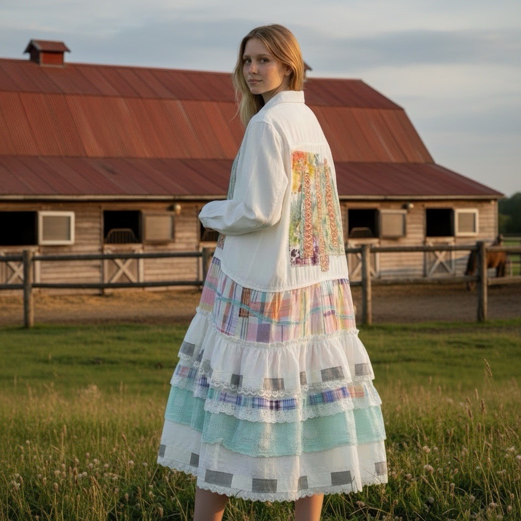 Upcycled Duster XL Art To Wear Frilly Ruffles Gypsy Cowgirl Patchwork Texas