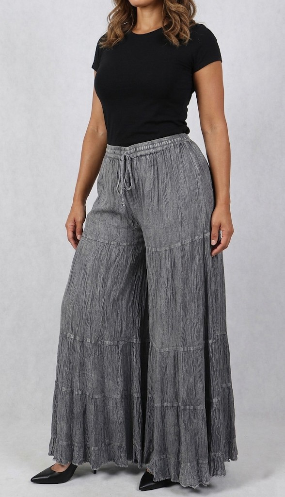 Boho Tiered Wide Leg Palazzo Pants – Crinkle Rayon Gauze Gypsy Hippie Trousers
