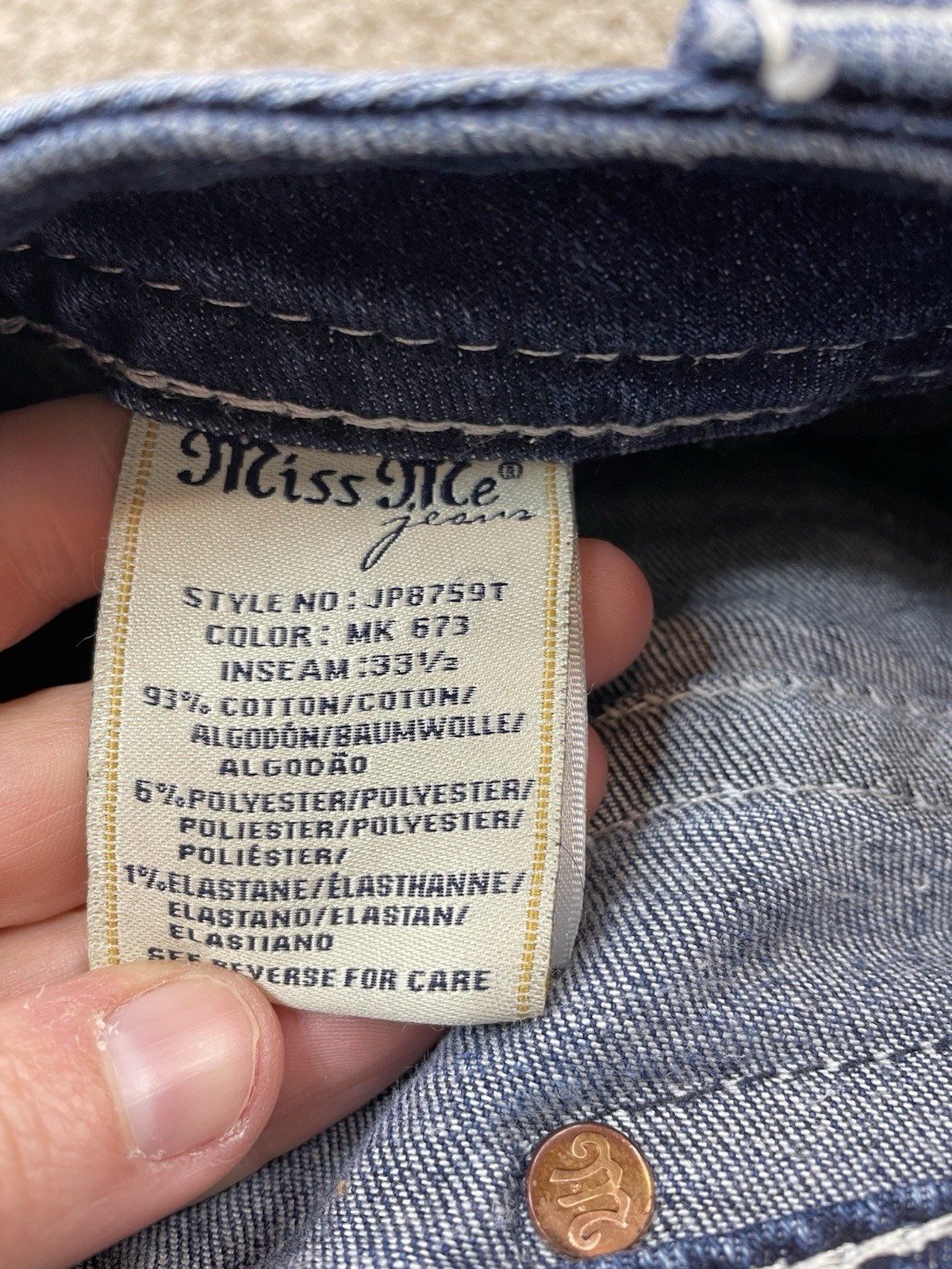 Miss Me Signature Straight Jeans 29 X 32 Bedazzled Flap Pocket Arrow Dark Wash