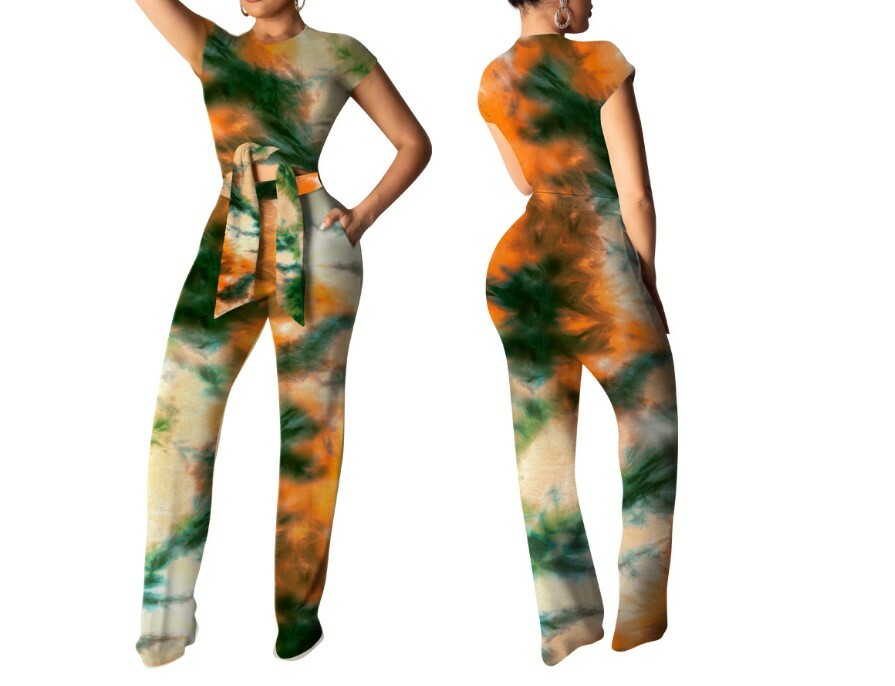 Women Tie Dyed Print O-Neck Short Sleeve Tie UP Hem Tee Top Straight Pant 2PC