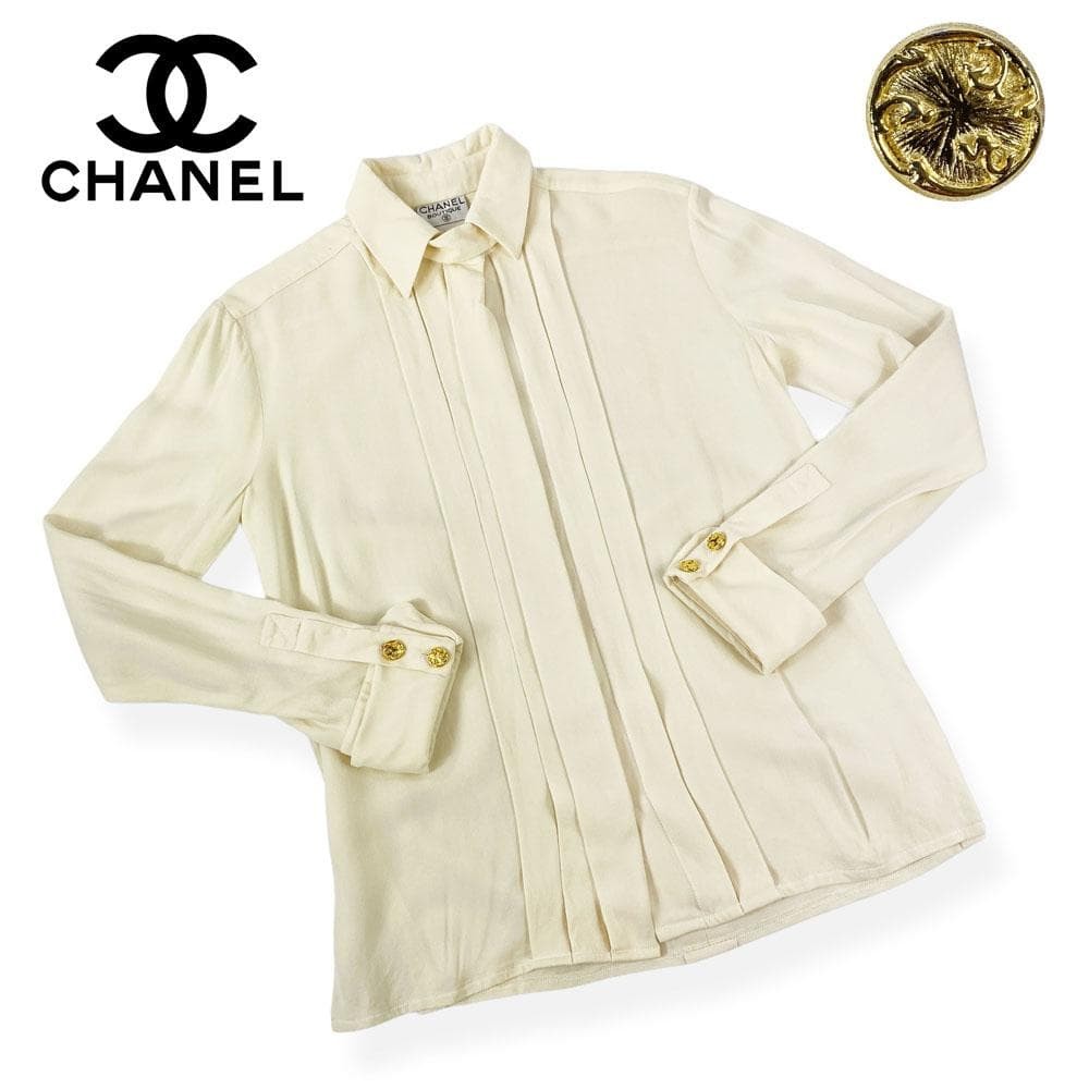 USED LUXURY FABRIC CHANEL 100% SILK SHIRT BLOUSE WITH GOLD BUTTONS AND BOW TIE