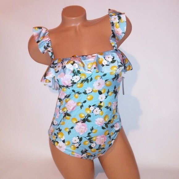 Victoria Secret One Piece Swim Large Blue Yellow Pink Floral Ruffle Lemons