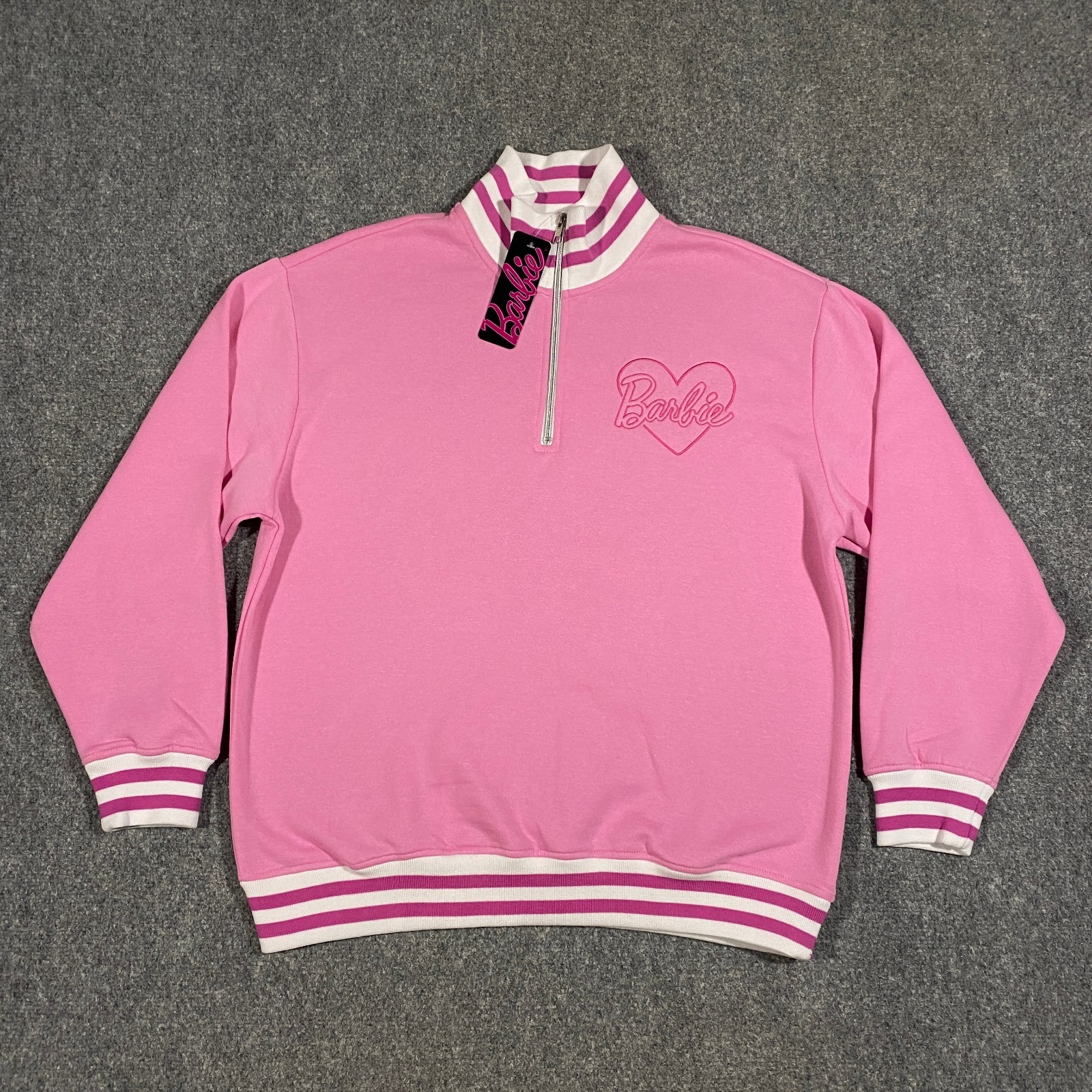 Barbie Varsity 1/4 Zip Sweatshirt Womens Large Pink Embroidered Heart Logo NWT