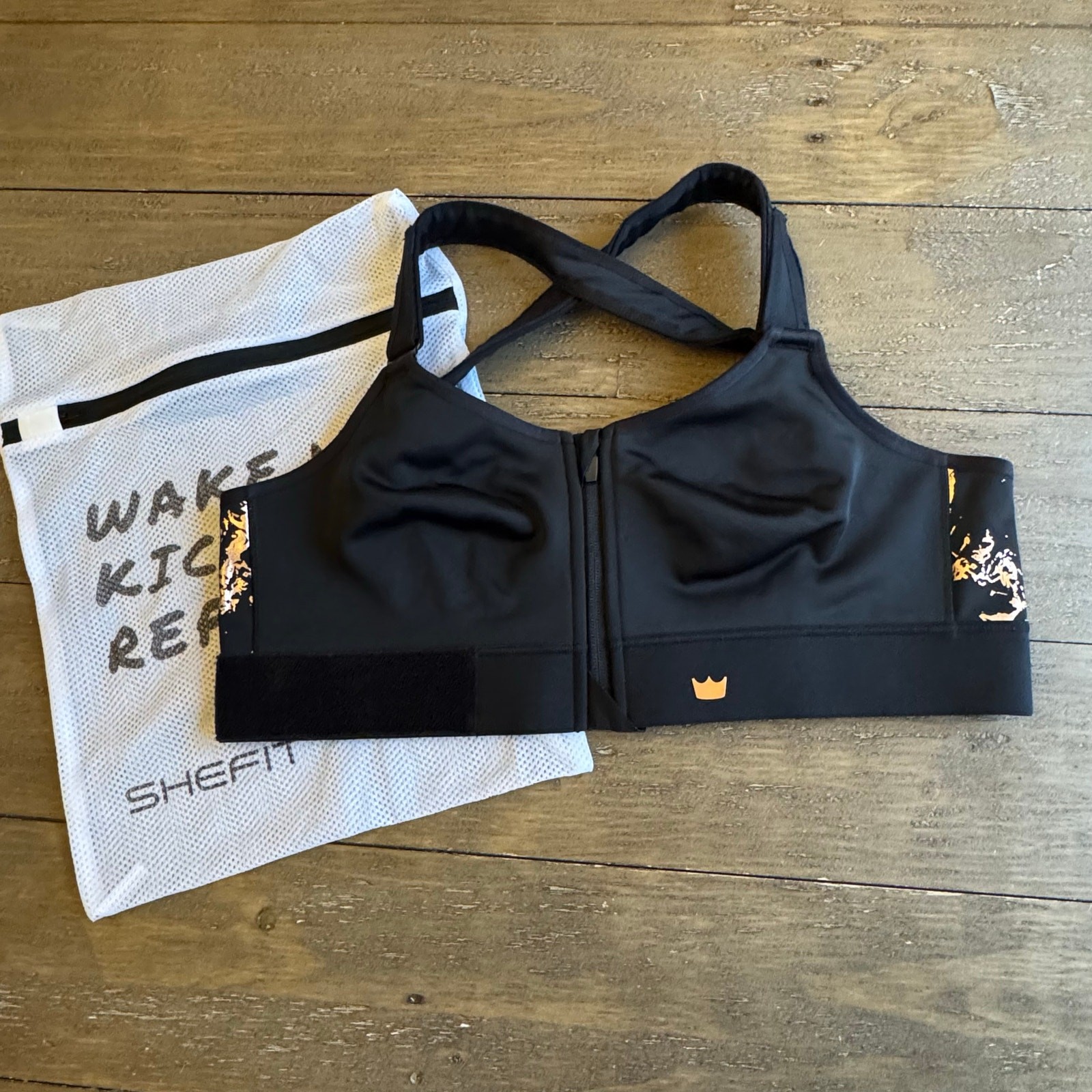 SHEFIT Flex Sports Bra Luxe Black Walking Tennis Cycle Weights Compression Gold