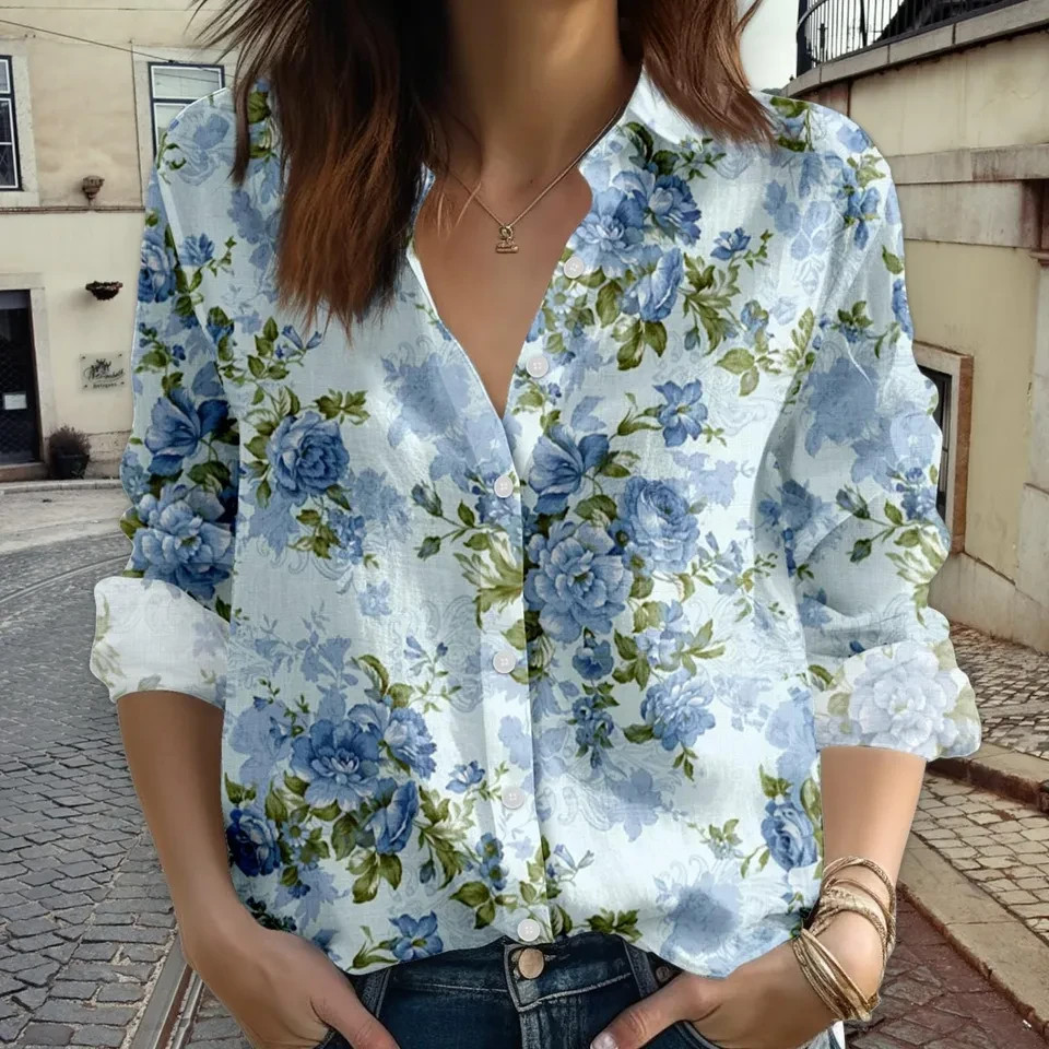 Light Blue Floral Print Women’s Long Sleeve Button Up Blouse Spring Garden Top