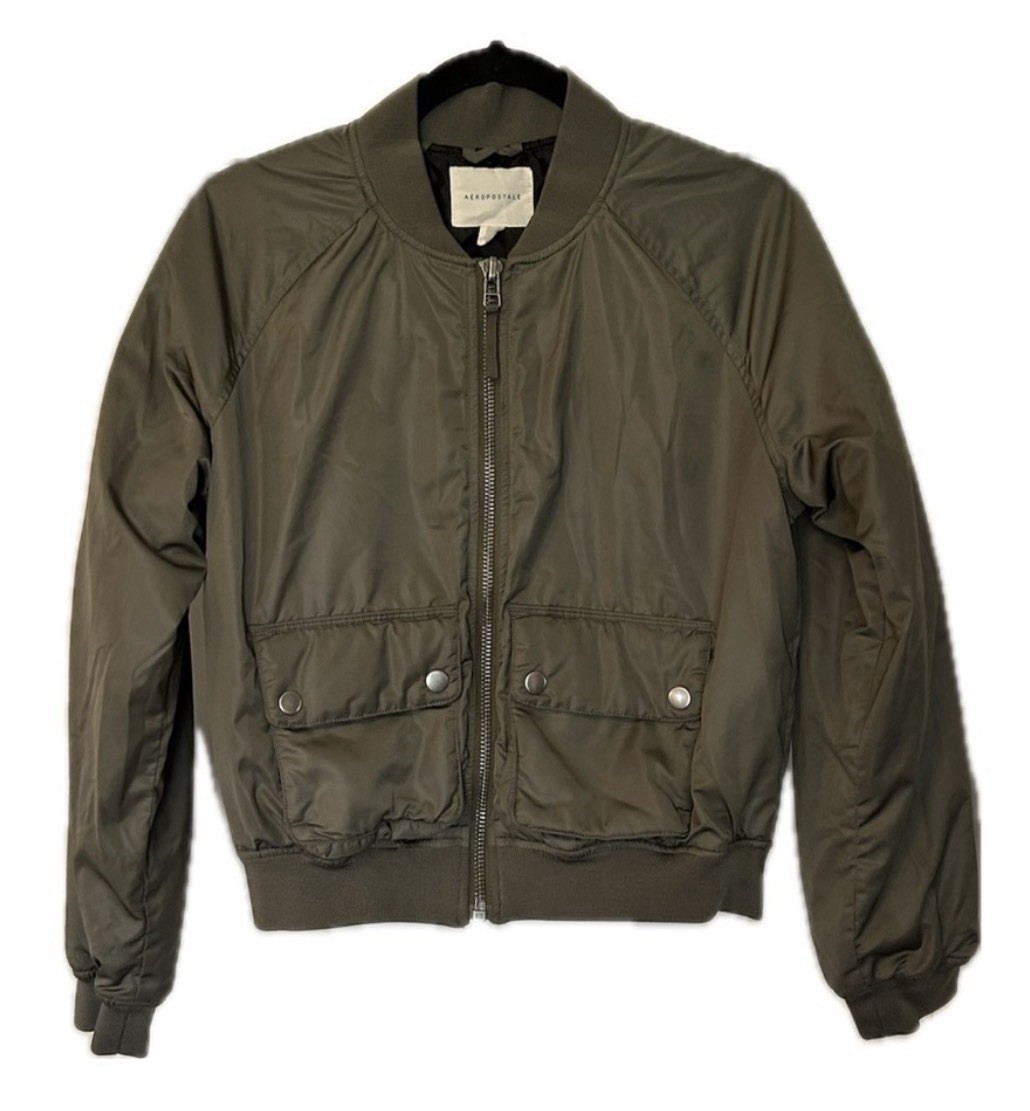 Aéropostale Women’s Green Hooded Lined Bomber Jacket Full Zip Pockets Size S