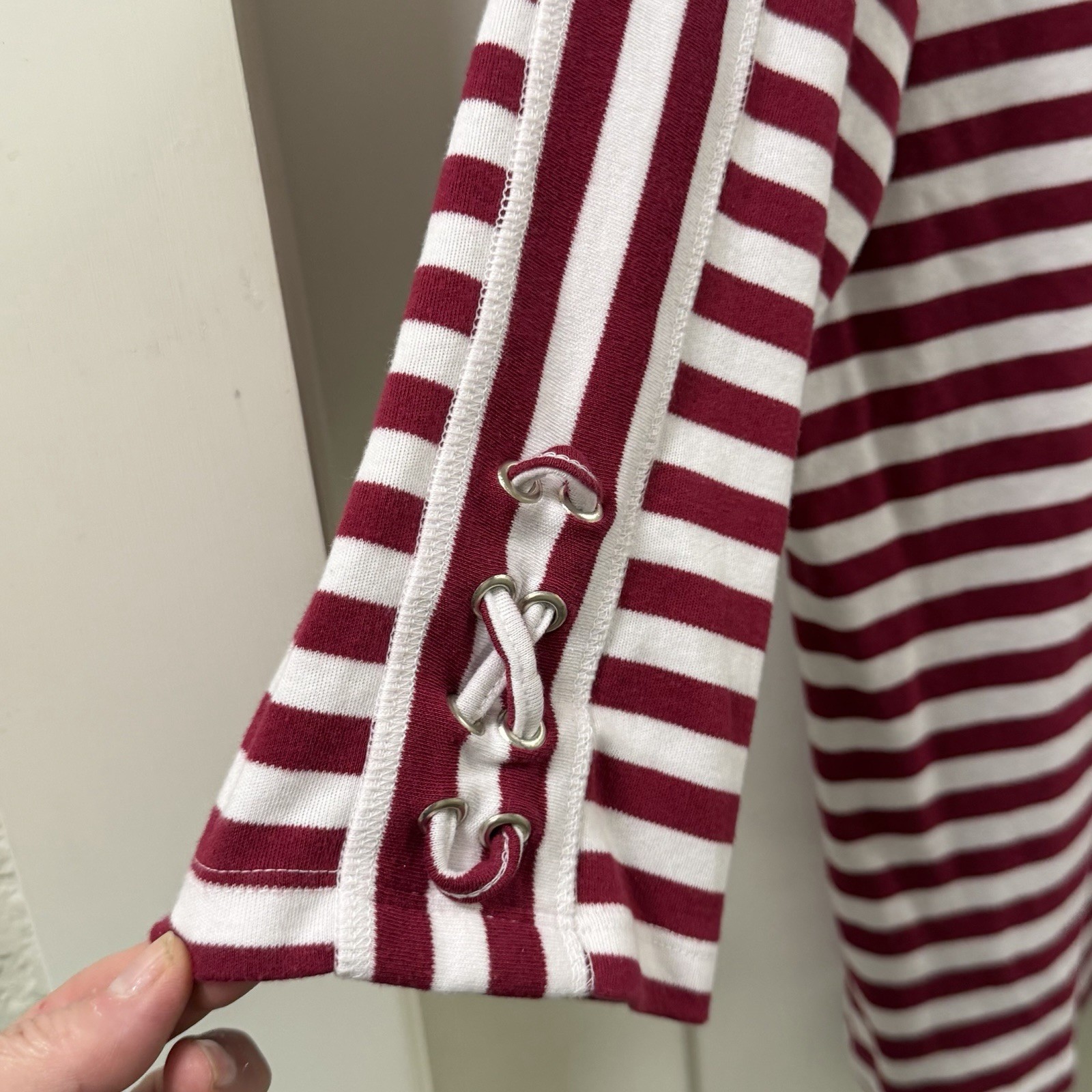 Blair Women Maroon&White Horizontal Striped 3/4 Sleeve Round Neck Shirt L