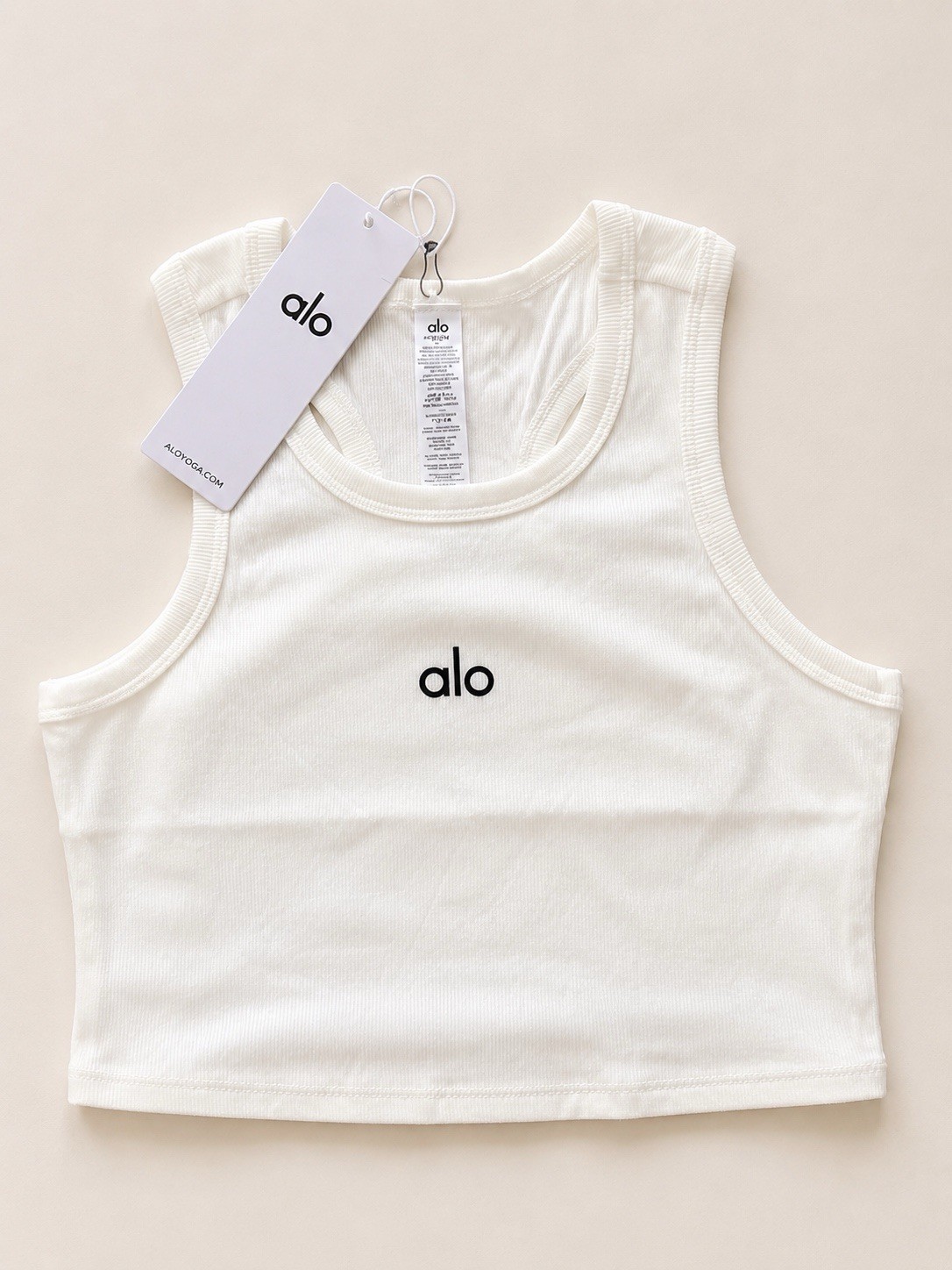Alo White Ribbed top Scoop Neck Stretch Logo